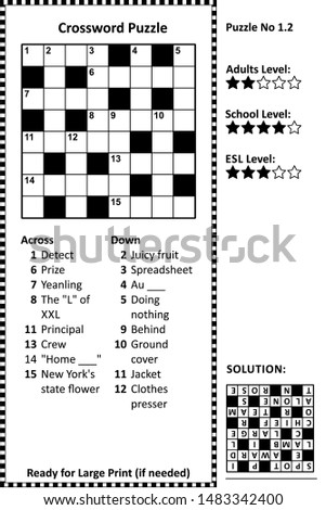 Crossword puzzle. Grid, clues and solution. Classic, quick, family friendly. Easy to medium difficulty level.
