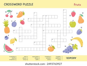 Crossword puzzle for kids with fruits. Printable sheet with quiz. Educational activity for children