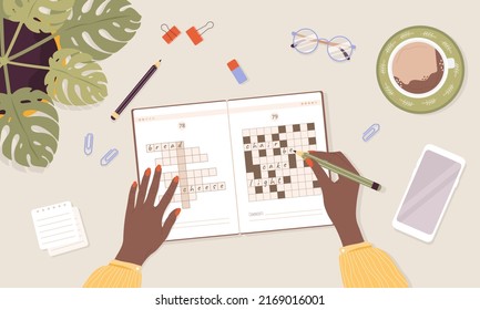 Crossword puzzle. Learning and leisure concept. African woman solves rebus. Top view workplace. Task for development of logical thinking and training brain. Vector illustration in flat cartoon style.