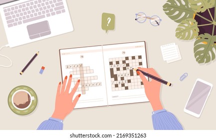 Crossword puzzle. Learning and leisure concept. Woman solves rebus. Top view workplace. Task for development of logical thinking and training brain. Vector illustration in flat cartoon style.