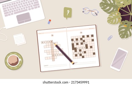 Crossword puzzle. Learning and leisure concept. Top view workplace. Task for development of logical thinking and training brain. Vector illustration in flat cartoon style.