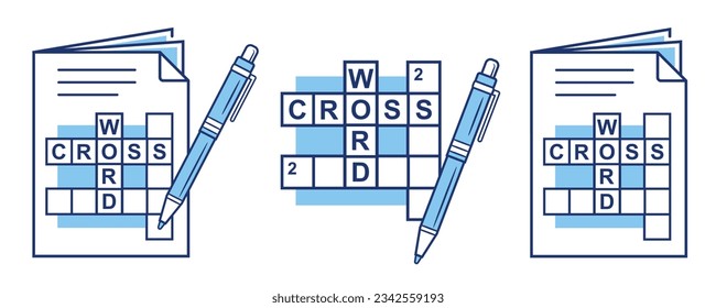 Crossword Puzzle Zeitung, lösen Kreuzworträtschrift mit Schreibstift-Linie Symbol gesetzt. Rastertexte. Frage der Antwort suchen. Logik-Gehirnübung. Faulpelz, pädagogisches Denkspiel. Seite buchen, Vektorgrafik