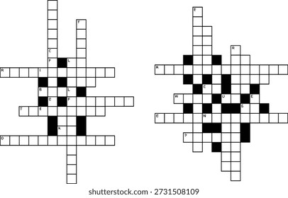 Vergleich des Fortschritts von Kreuzworträtseln, nebeneinander angeordnete Raster mit Teil- und Füllbuchstaben für Wortspiele oder Logikdesigns