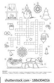 Crossword puzzle. This Christmas theme crossword puzzle game is for kids. Game and Coloring page. French language. Vector illustration.