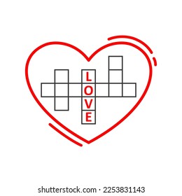 Crossword puzzle with the word love and empty cells to fill in. shape heart. Crossword for valtines. to solve crossword puzzles. Vector illustration.
