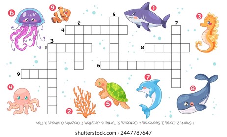 Crossword puzzles, riddles for toddlers. Learning games, page for educational book. Sea animals printable sheet. Vector for children