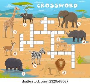 Quiz-Quiz-Spiel afrikanische Savanne Safari Tiere, Vektor-Arbeitsblatt Gitter. Löwen, Zebra und Elefant mit Büffel und Rhinoceros oder Nilpopotamus in der afrikanischen Savanne für Kinder-Spiel mit Kreuzworträtgitter