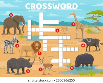 Crossword quiz game. Cartoon African savannah animals. Vector giraffe, zebra, rhino, buffalo, elephant, lion, antelope, cheetah and hippo characters. Kids educational worksheet with word puzzle task