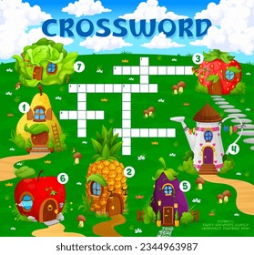 Crossword quiz game with cartoon fairytale houses village, vector worksheet grid. Kids crossword game to guess cross words of fairy gnome dwellings in apple or cabbage, watering can and strawberry