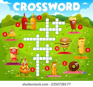 Crossword quiz game, cartoon fast food characters on yoga fitness, vector worksheet grid. Pizza, cheeseburger and burrito fast food with funny ketchup and mustard on kids crossword grid to guess word