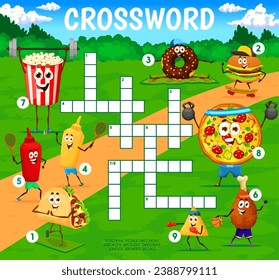 Crossword quiz game. Cartoon fast food characters on sport vacation. Word search kids puzzle vector worksheet with popcorn, donut, burger, pizza and ketchup, taco, nacho funny personages doing fitness