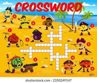 Crossword quiz game. Cartoon fruit pirates and corsairs characters on treasure island word grid puzzle. Kids game vector worksheet with funny mango, orange, apple, watermelon and lemon fruit pirates
