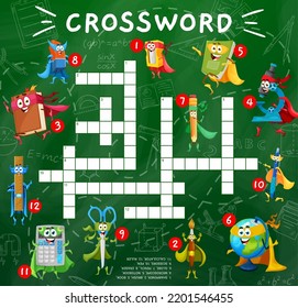 Crossword quiz game. Cartoon school stationery superhero characters. Word search vector quiz or puzzle worksheet with eraser, book and ruler, calculator, scissors and brush, globe cute personages