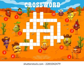 Crossword quiz game, cartoon western cowboy, sheriff and ranger fruit characters, vector kids worksheet. Funny melon, papaya cowboy and durian with lychee sheriff on crossword grid to guess word