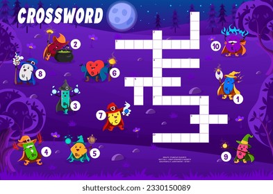 Crossword quiz game, find a color of cartoon vitamin wizards and sorcerers in Halloween forest. Vector cross word worksheet with colorful micronutrient capsules P, D, U, B9 and C, B2, B6, E, K and A