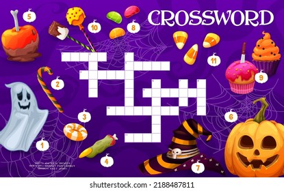 Crossword Quiz Game Grid Of Cartoon Halloween Holiday Pumpkin, Sweets And Candies. Vector Word Puzzle Worksheet, Halloween Trick Or Treat Food Riddle With Witch Hat, Lollipops, Cupcakes, Candy Corn