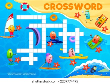 Crossword quiz game grid, cartoon vitamin and mineral characters on beach vacation, vector worksheet. Kids crossword game with selenium on paddle board, iron pill on kayak and natrium or water scooter