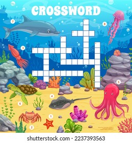 Crossword quiz game grid. Cartoon underwater landscape and animals. Vector cross word puzzle worksheet with starfish, crab, starfish and stingray. Turtle, dolphin and jellyfish with octopus characters