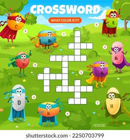 Crossword quiz game grid. Cartoon superhero micronutrient vitamin characters on meadow. Word search riddle, crossword grid vector worksheet with C, B, E and U, D, N micronutrient cute hero personages