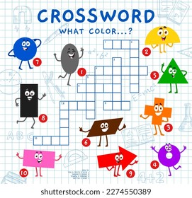 Crossword quiz game grid, cartoon color math shape characters and school supplies. Word puzzle vector worksheet with funny personages of green, orange, red and purple, blue and pink geometric figures