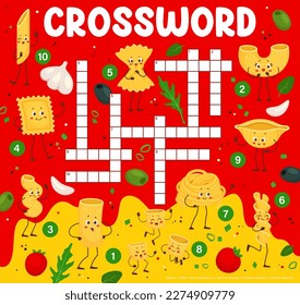 Crossword quiz game grid. Cartoon italian pasta characters find word puzzle vector worksheet. Italy cuisine food personages crossword game with funny penne, farfalle, macaroni, ravioli and fettuccine