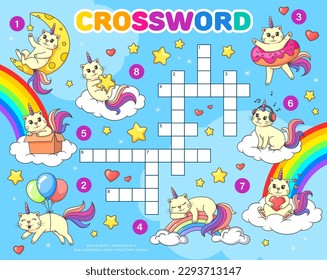 Crossword quiz game grid. Cartoon funny caticorn cats on rainbow. Vector cross word puzzle worksheet for kids with funny unicorn kittens with moon, balloons, donut and box. Heart, headphones, or stars svg