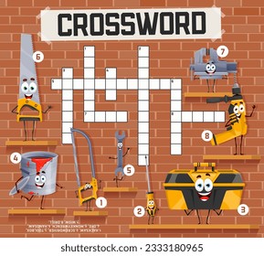 Crossword quiz game grid with cartoon repair and DIY work tool characters, vector worksheet. Kids crossword quiz game to guess word of screwdriver, toolbox and drill with hacksaw and wrench work tool