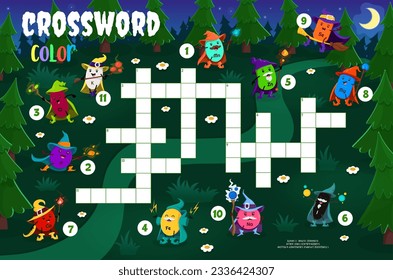 Crossword quiz game grid. Cartoon mineral and micronutrient wizards. Word puzzle game worksheet, kids quiz grid. Vector brainteaser guess a color of supplements capsule sorcerer Halloween characters