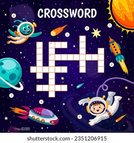 Crossword quiz game grid. Cartoon galaxy space vector landscape with planets, rocket, astronaut and spaceship, alien, star, meteor and sun word puzzle worksheet. Astronomy kids education game quiz