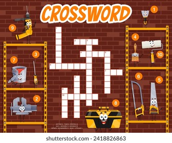 Crossword quiz game grid, cartoon DIY and repair tool characters, vector worksheet. Kids crossword game to guess words of funny tools for carpentry and woodworking, drill and paintbrush and spatula