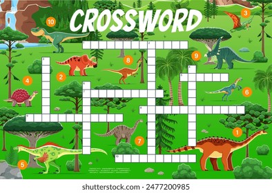 Cuadrícula de juego de crucigrama con dinosaurios de dibujos animados y dinosaurios divertidos, hoja de trabajo de Vector. Juego de crucigramas para niños para adivinar palabras de dinosaurios en las selvas del parque jurásico con lagarto Aegyptosaurus, Tapejara o Raptor