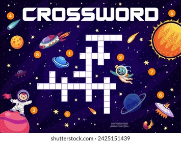 Crossword quiz game grid. Galaxy space planets and ufo, stars and astronaut, starship and alien. Vector word search puzzle worksheet for kids with comet, cosmonaut, sun and constellation, word task