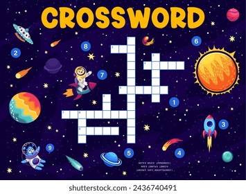 Crossword quiz game grid with galaxy space planets, stars, rocket and alien. Vocabulary children puzzle, crossword grid vector worksheet, word search kids game with kid astronaut, sun and comets