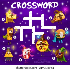 Crossword quiz game grid, Halloween fast food cartoon wizard and mage characters, vector worksheet. Kids crossword with pizza wizard, donut warlock sorcerer and taco as Halloween witch with magic wand