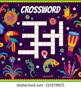 Crossword quiz game grid of mexican and brazilian animals, flowers, drums. Vector worksheet with word puzzle or brain riddle of Mexico toucan, chameleon, Brazil parrot and turtle, color flower