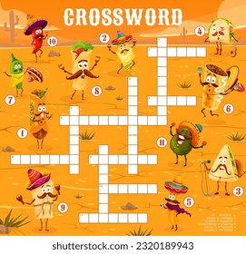 Crossword quiz game grid with mexican food characters. Find a word vector worksheet with enchilada, nachos, quesadilla, tacos, churros and chimichanga. Jalapeno pepper, burrito, tamales and avocado svg