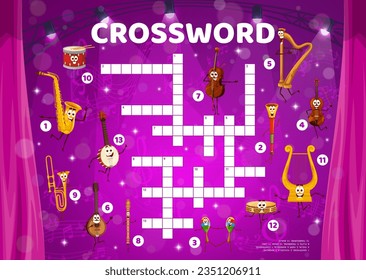 Crossword quiz game grid with musical instruments. Vocabulary riddle, crossword wordsearch puzzle or kids game vector worksheet with drum, saxophone, banjo, violin and harp, vuvuzela funny characters