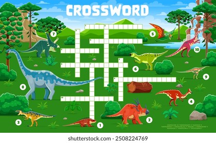 Cuadrícula de juego de preguntas con crucigramas con dinosaurios prehistóricos y dinosaurios de dibujos animados, hoja de trabajo de Vector. Juego de preguntas de crucigramas para niños para adivinar los nombres de dinosaurios jurásicos, lagartos gigantes y reptiles en el bosque prehistórico