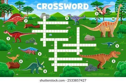 Crossword quiz game grid, prehistoric dinosaurs and reptiles. Vector kids word search puzzle, game worksheet, riddle brainteaser for children with cartoon dino providing a fun and educational activity