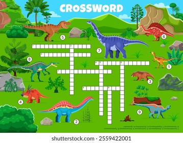 Crossword quiz game grid with prehistoric dinosaurs and Jurassic lizards, vector worksheet. Kids cartoon crossword quiz game to guess names of dinosaurs, giant lizards and prehistoric dino reptiles