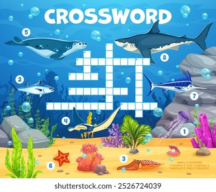 Crossword quiz game grid with sea animals. Engaging puzzle with marine life such as jellyfish, tuna, cuttlefish, stingray, shark, seal, swordfish and starfish in underwater scene with coral and plants