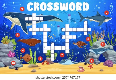 Crossword quiz game grid with sea underwater animals. Vector worksheet of kids word puzzle with cartoon shark, whale, starfish and turtle, crab, seal, flounder, walrus. Marine life crossword quiz game