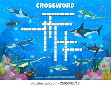 Crossword quiz game grid with underwater prehistoric dinosaurs and reptiles, cartoon vector. Kids crossword game worksheet to guess words of dinosaur reptiles in ocean or Jurassic underwater animals