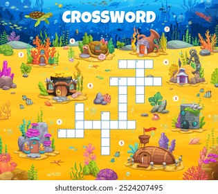 Crossword quiz game grid with underwater fairytale houses. Vector puzzle worksheet with whimsical vibrant seafloor scene is filled with marine life, coral reefs, and playful mermaid home buildings