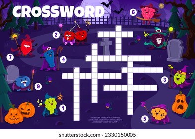 Crossword quiz game. Halloween cartoon berry wizards and mages at cemetery. Vector puzzle worksheet with grape, cherry, gooseberry, honeysuckle, cloudberry and barberry, rosehip, blackberry, blueberry