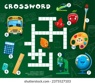 Crossword quiz game. School education stationery cartoon characters word grid puzzle worksheet. Vector cute school bus, microscope, calculator and ruler, apple, brush and globe personages kids game