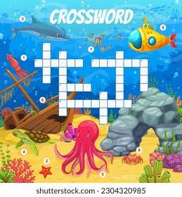 Crossword quiz game, sea animals, submarine and underwater landscape. Vector word search puzzle worksheet grid. Educational kids brainteaser, cognitive task for children with cartoon undersea world