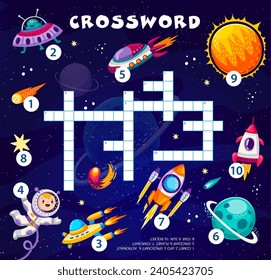 Crossword quiz game with space planets and characters. Vector word grid puzzle with cartoon astronaut and alien personages, UFO, spaceship, rocket, stars, comet and Sun, galaxy landscape background