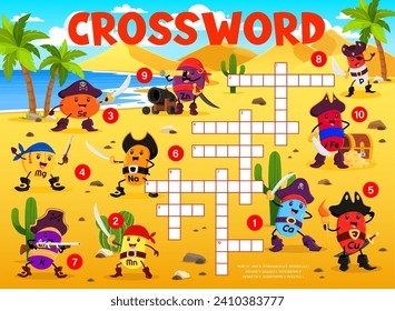 Crossword quiz game. Vitamins and micronutrient pirates and corsair characters. Crossword quiz, wordsearch kids game vector worksheet with Se, Zn, P and Fe, Mg, Mn filibusters vitamins cute personages