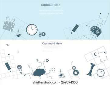 Crossword and sudoku background with relevant objects on it